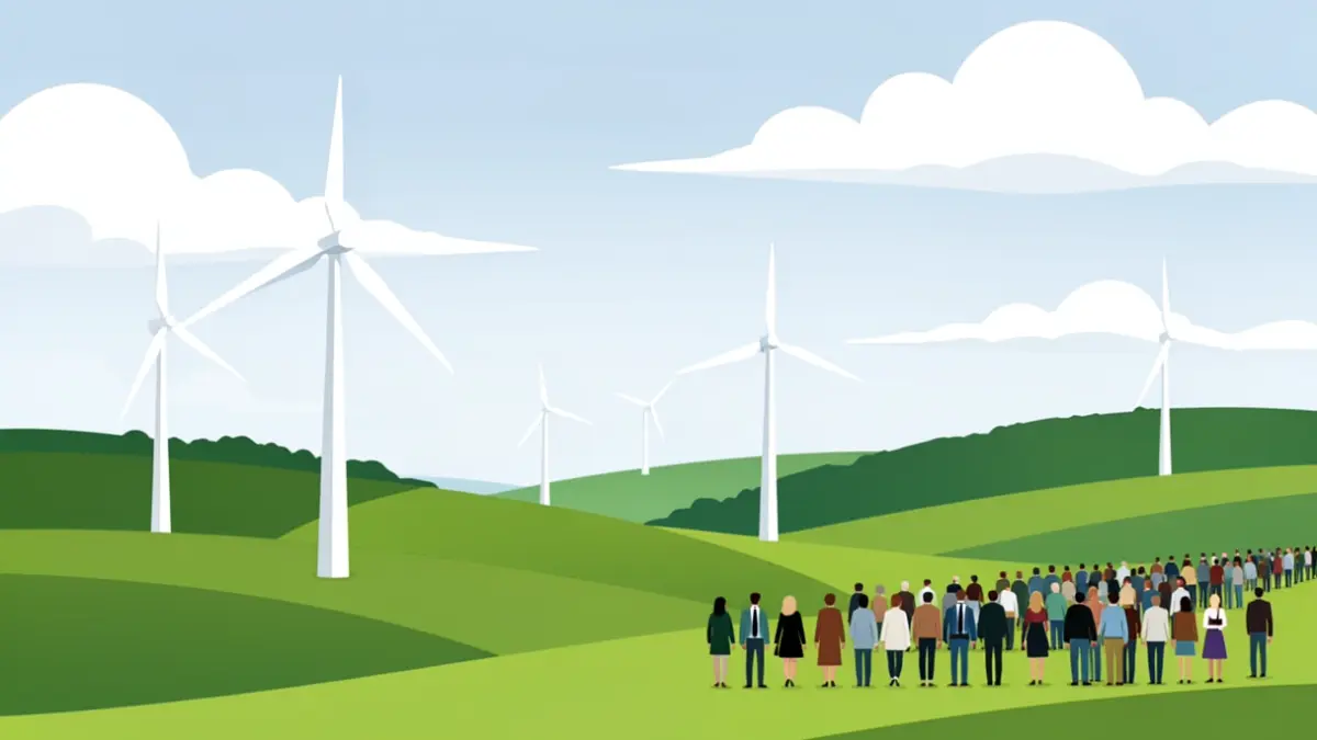 Generic image of four wind turbines on a green hill under a cloudy sky, modern illustration style.