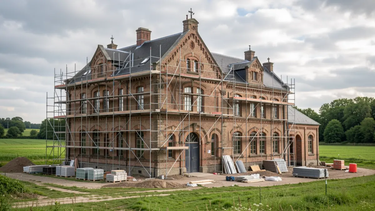 Image générique de la façade d'un bâtiment industriel historique en cours de rénovation, avec des échafaudages et des matériaux de construction, dans un paysage wallon.
