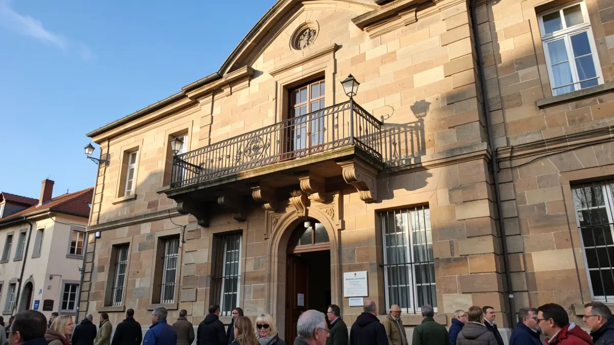 Façade d'une administration communale en pierre de style traditionnel wallon, avec balcon orné et rambardes en fer forgé. Lumière chaude de l'après-midi.