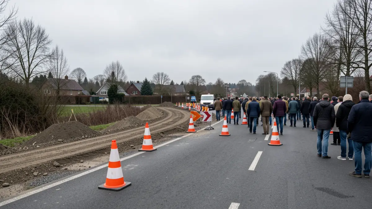 Image générique de travaux routiers avec des cônes et des barrières sur une route régionale en Wallonie, ciel couvert, couleurs atténuées.