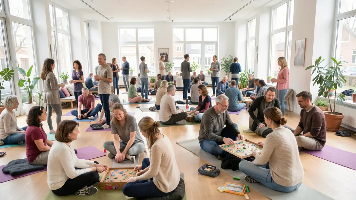 Image générique d'un événement communautaire axé sur le bien-être et la santé mentale, avec des participants engagés dans diverses activités.