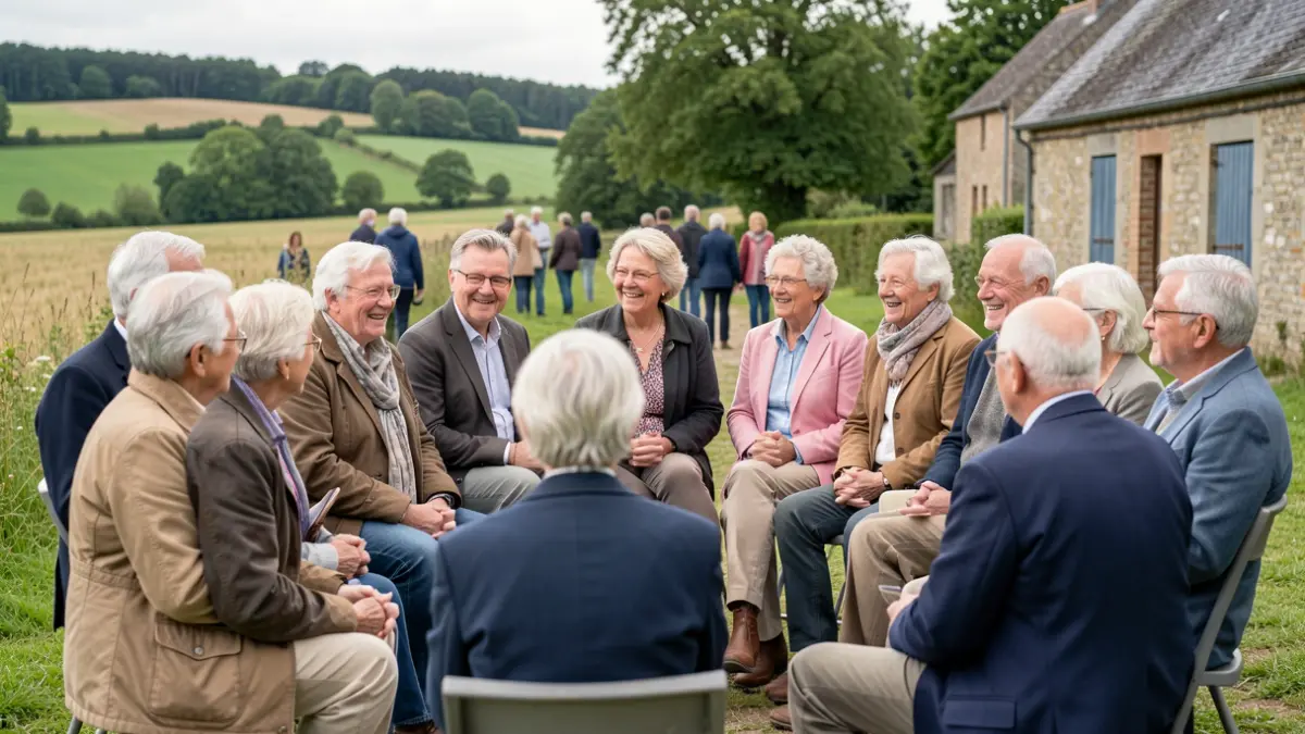 Groupe de seniors participant à une discussion positive en milieu rural wallon, axée sur le bien-être mental et la résilience.