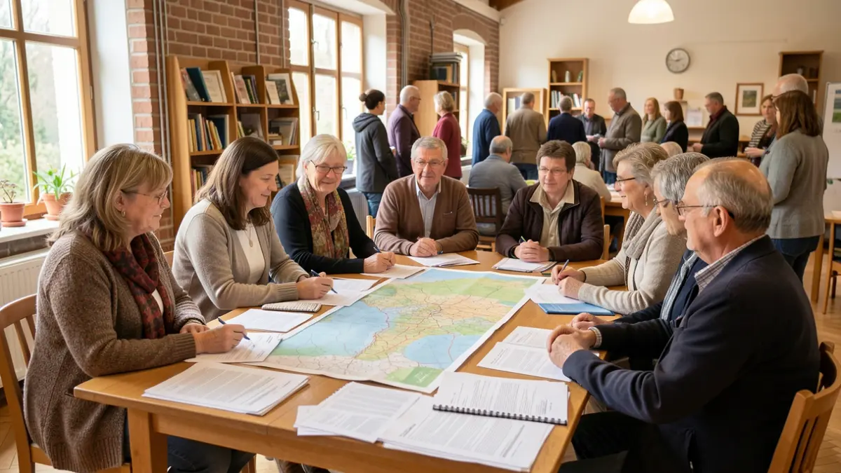 Image générique de personnes participant à une réunion communautaire à l'intérieur, dans une ambiance de travail collaboratif.