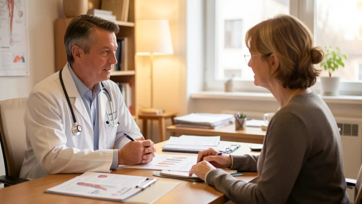 Generic image of a medical consultation with a healthcare professional and a person discussing medical information.