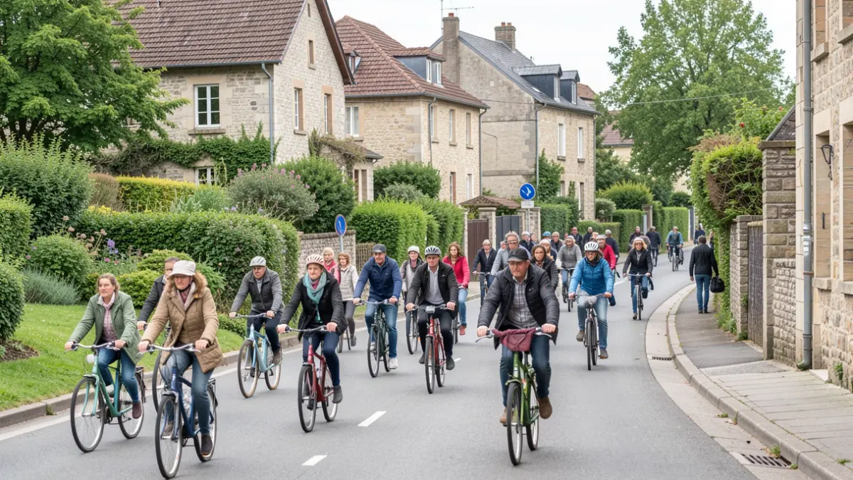 Image générique de rues de Wallonie transformées pour la mobilité douce, avec des piétons et cyclistes.