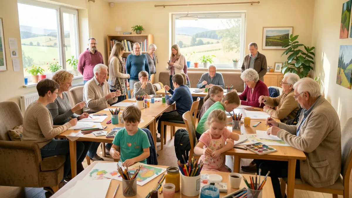 Generic image of people of various ages participating in creative workshops in a bright community center, fostering well-being and connection.