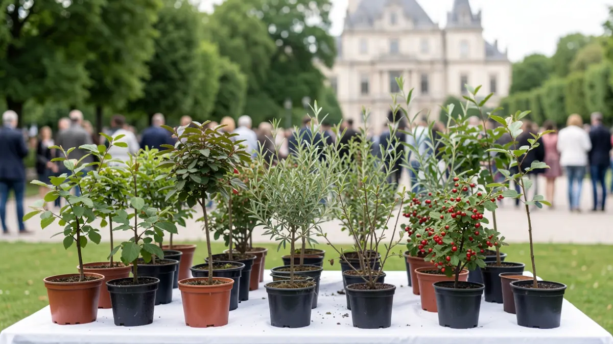 Image générique de jeunes arbres et arbustes variés, disposés sur une table en extérieur. L'arrière-plan est flou, montrant un parc ou une place publique.