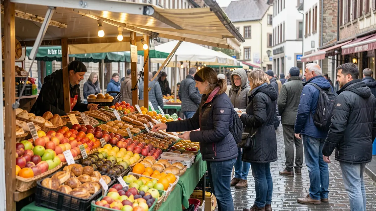 Image générique d'un marché en Wallonie sous la pluie, axé sur le commerce équitable et l'alimentation durable.