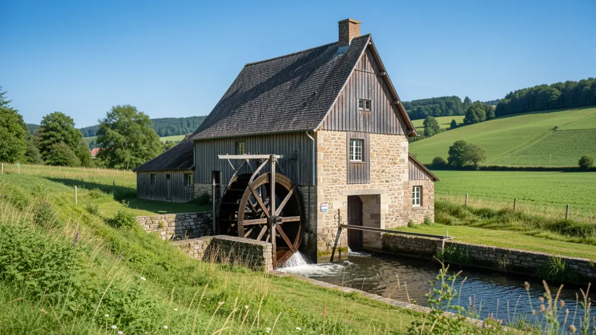 A historic water mill with a wheel and turbine, symbolizing hydroelectricity in Wallonia.