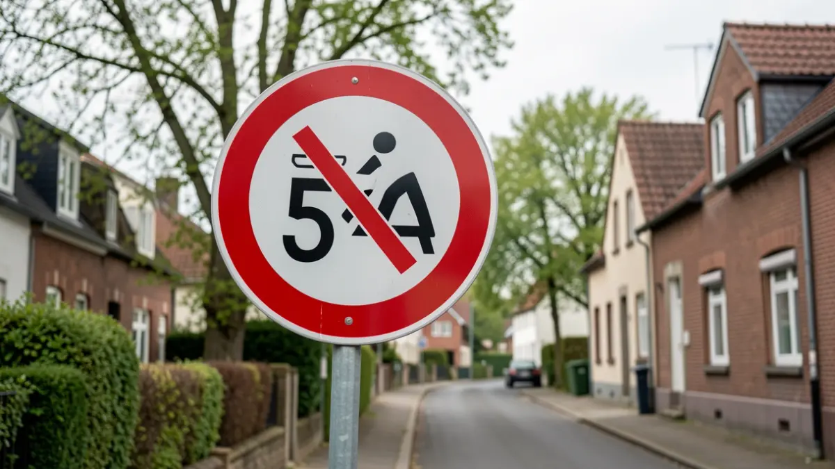 Image générique de panneaux de signalisation routière indiquant une réduction de vitesse dans une commune belge, avec des maisons et des arbres en arrière-plan.