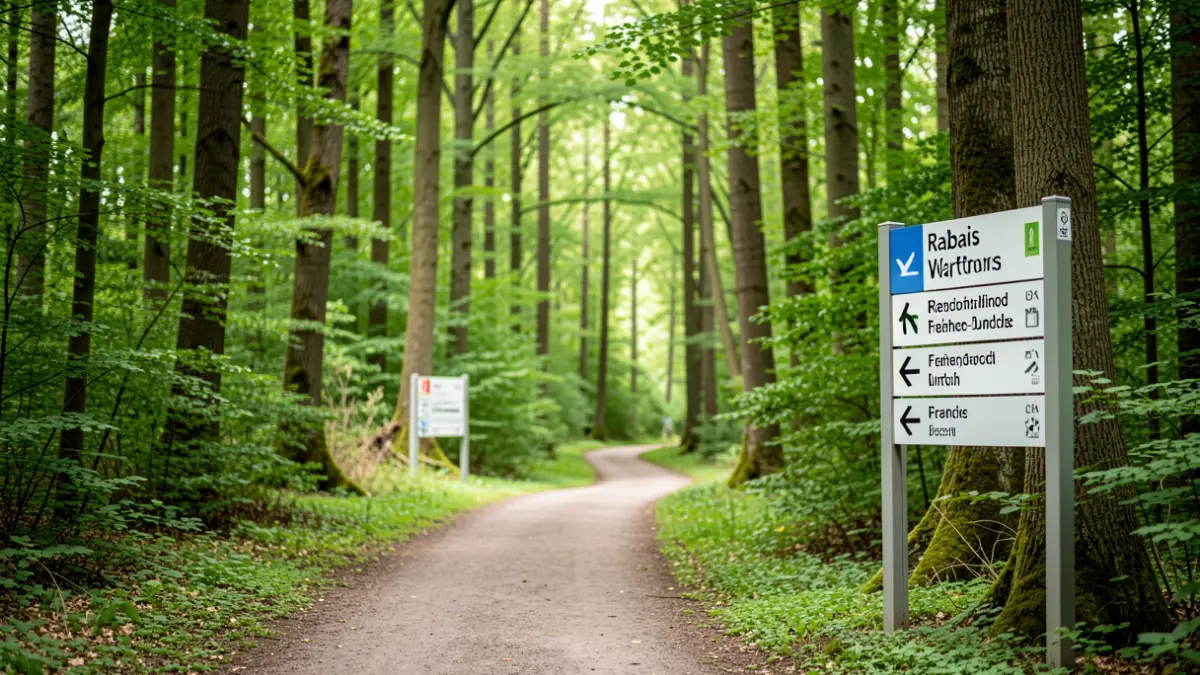 Panneaux de balisage bilingues français-néerlandais installés dans les bois de Rabais, près de Virton, pour améliorer l'expérience des promeneurs.
