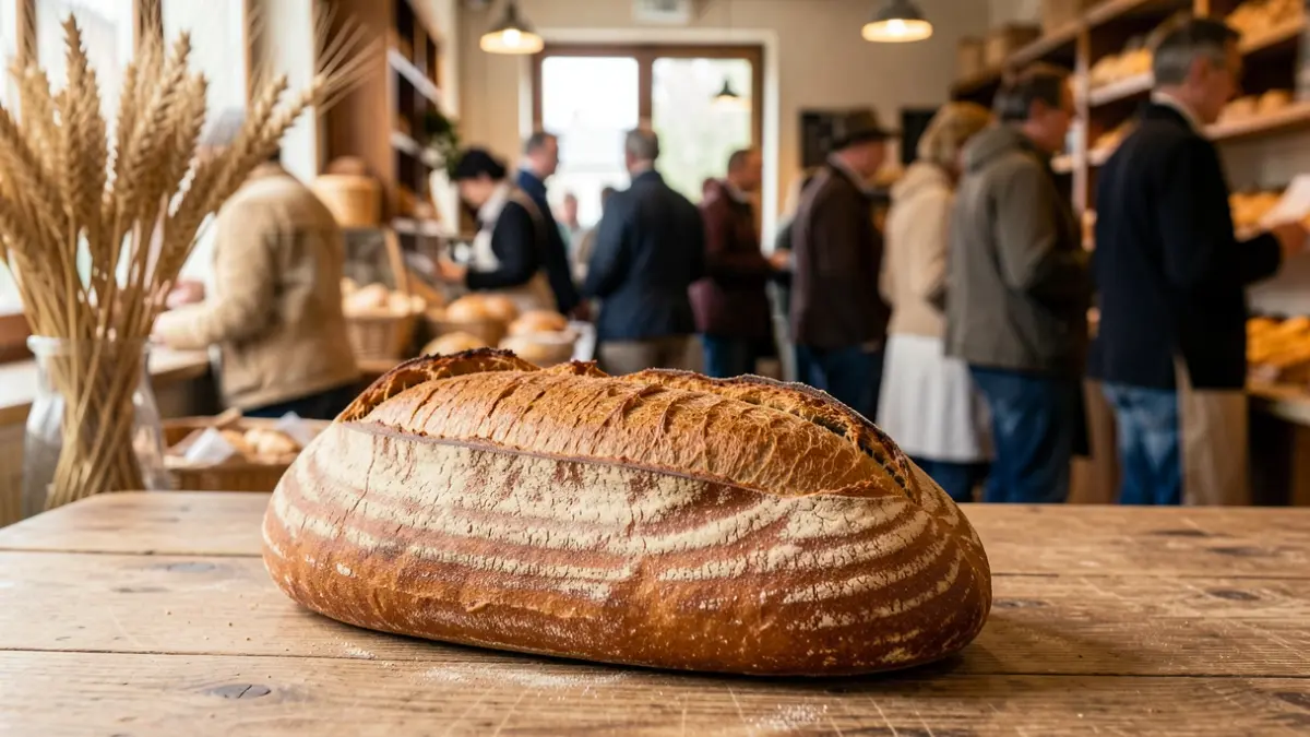 Image générique de pain artisanal sur une table en bois, avec un arrière-plan flou d'une boulangerie et des épis de blé, lumière naturelle chaude.