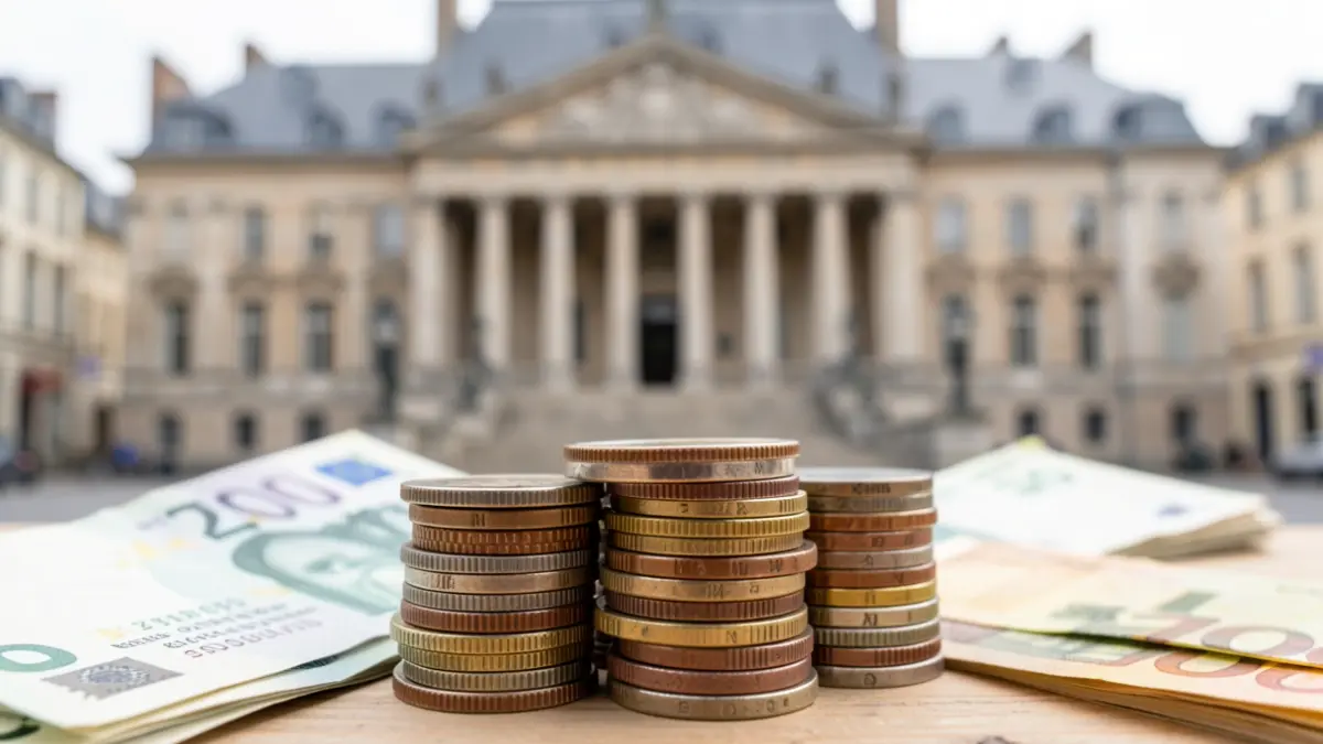 Image générique de pièces et billets de banque avec un bâtiment communal flou en arrière-plan.