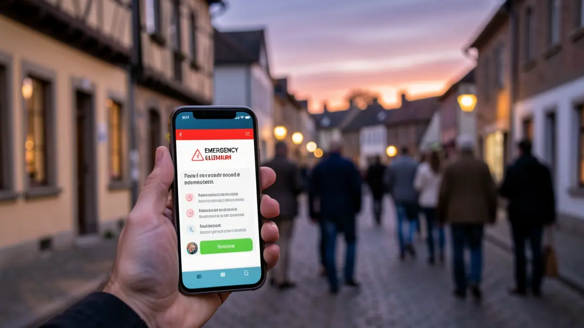 Image générique d'un smartphone affichant une alerte, avec en arrière-plan une rue de village wallon au crépuscule. L'image vise à illustrer la préparation aux urgences.
