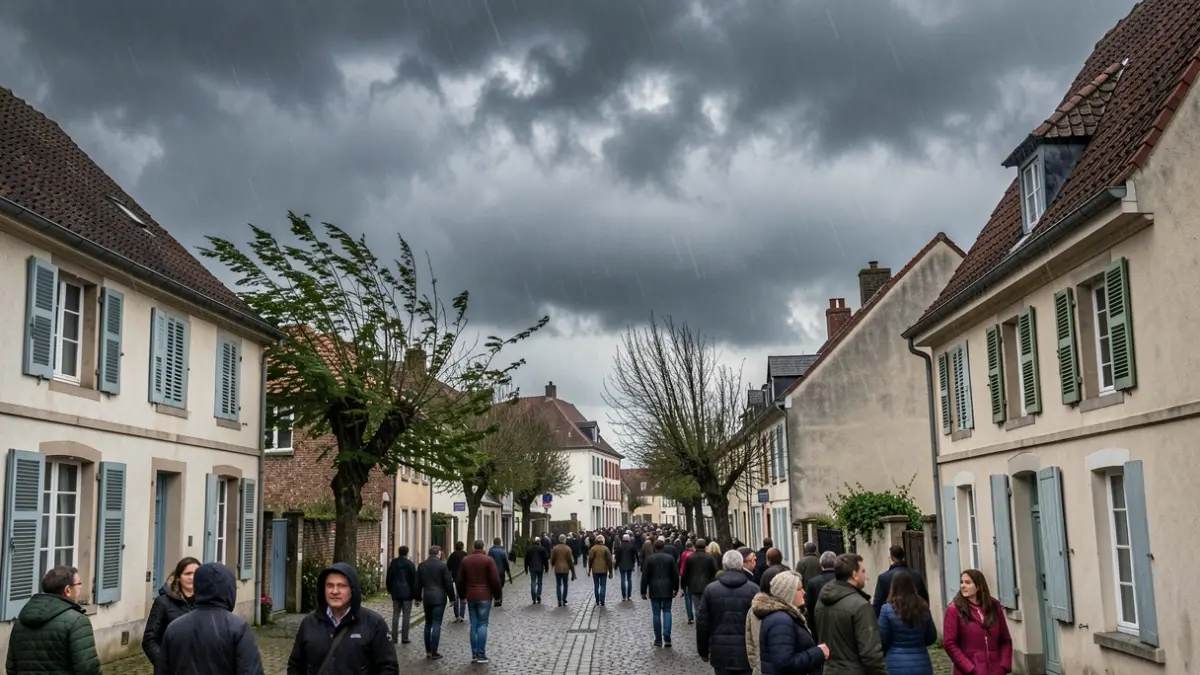 Image générique de ciel orageux avec des vents forts sur une commune wallonne, des volets fermés et des arbres balayés par le vent.