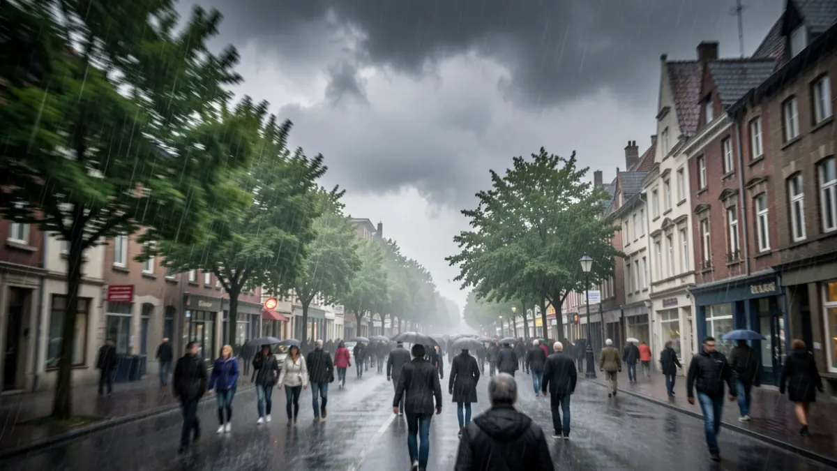 Image générique de conditions météorologiques orageuses avec des vents forts et de fortes pluies, des arbres flous et des rues mouillées, ciel sombre.
