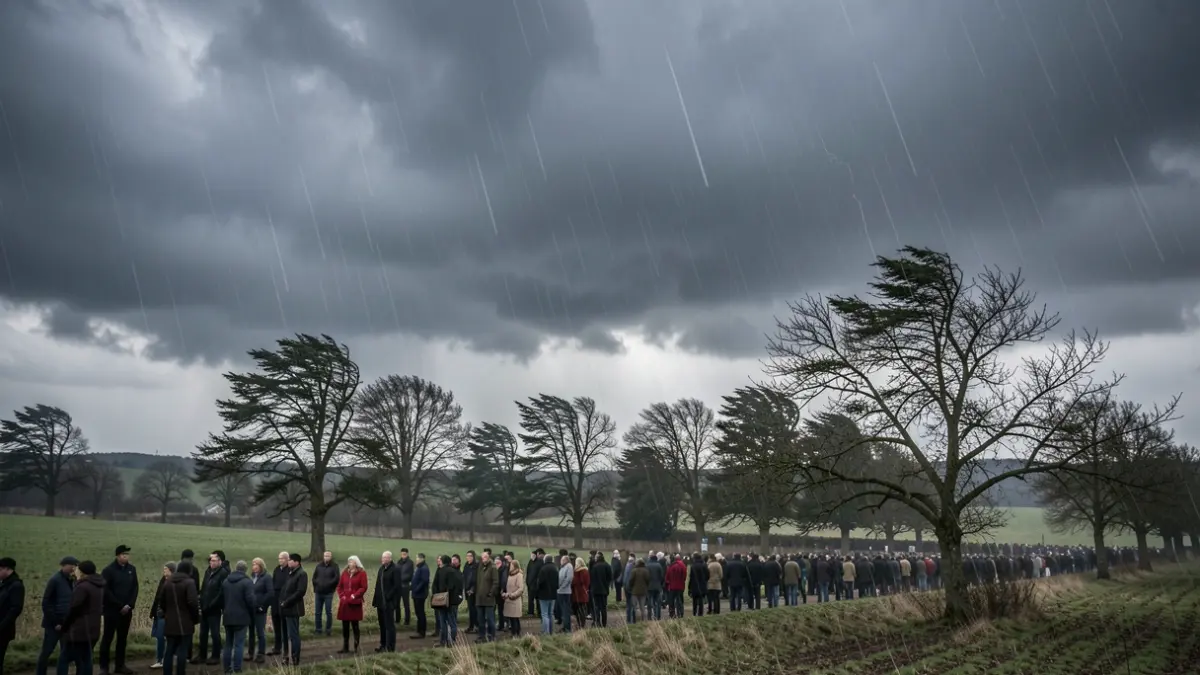 Image générique de ciel orageux avec des arbres balayés par le vent et des traînées de pluie en Wallonie.