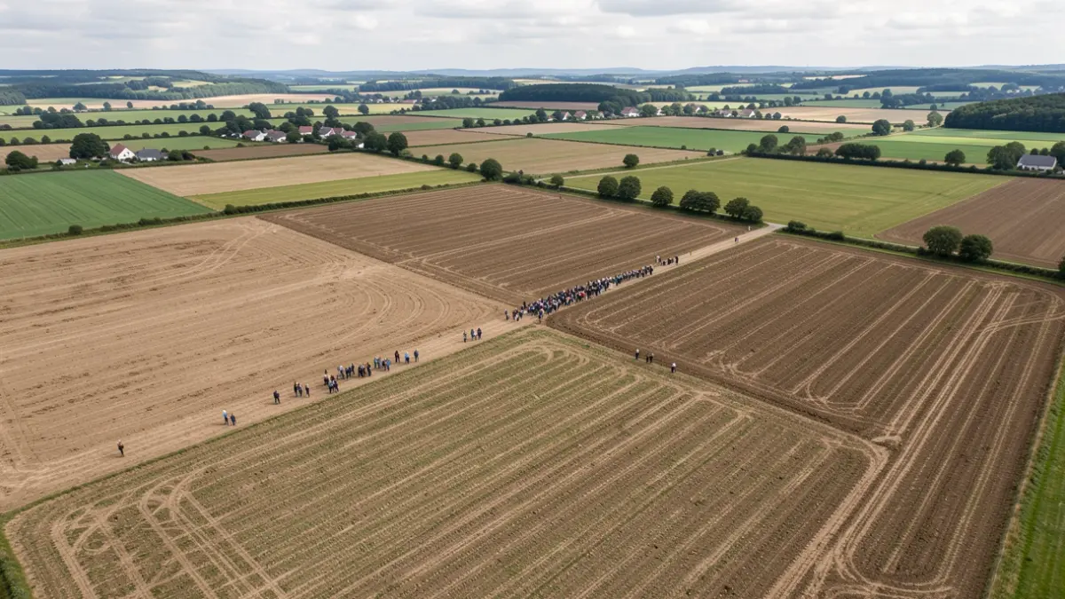 Vue aérienne de parcelles agricoles à Sosoye, Wallonie, avec des champs labourés sous un ciel couvert typique de la région.