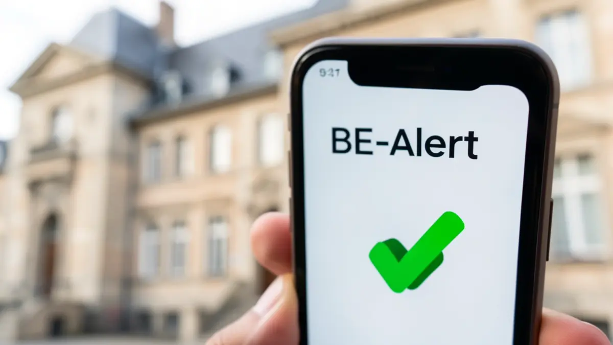 Message d'alerte BE-Alert reçu sur un smartphone devant l'hôtel de ville de Somme-Leuze.