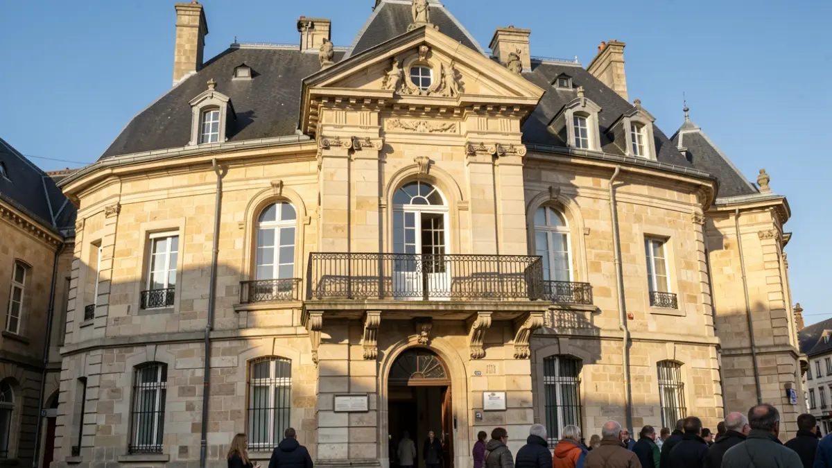 Stone and slate facade of a Wallonie town hall with an ornate balcony and iron railings. Soft afternoon light.