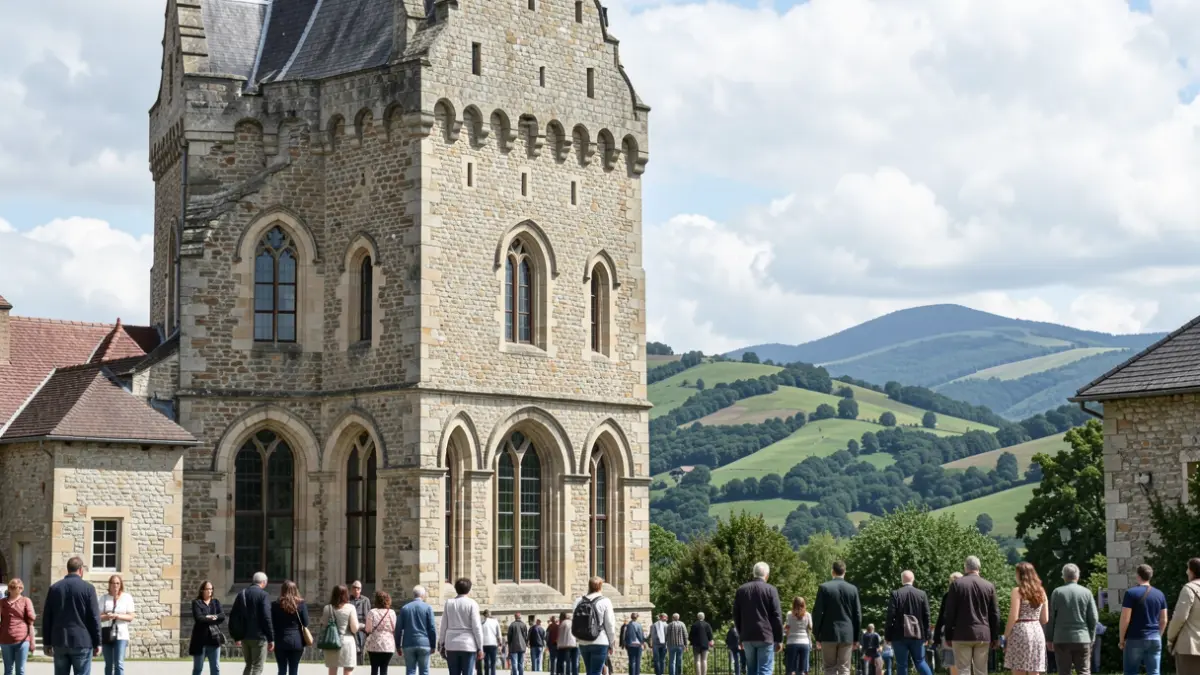 Generic image of a historic stone tower with ancient architectural elements, set in a hilly landscape.
