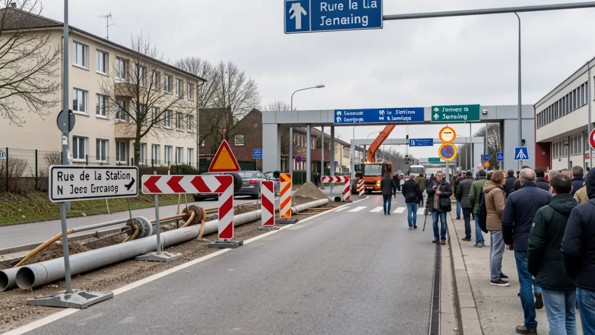 Image of roadworks on Rue de la Station in Jemeppe, with diversions and temporary signage.