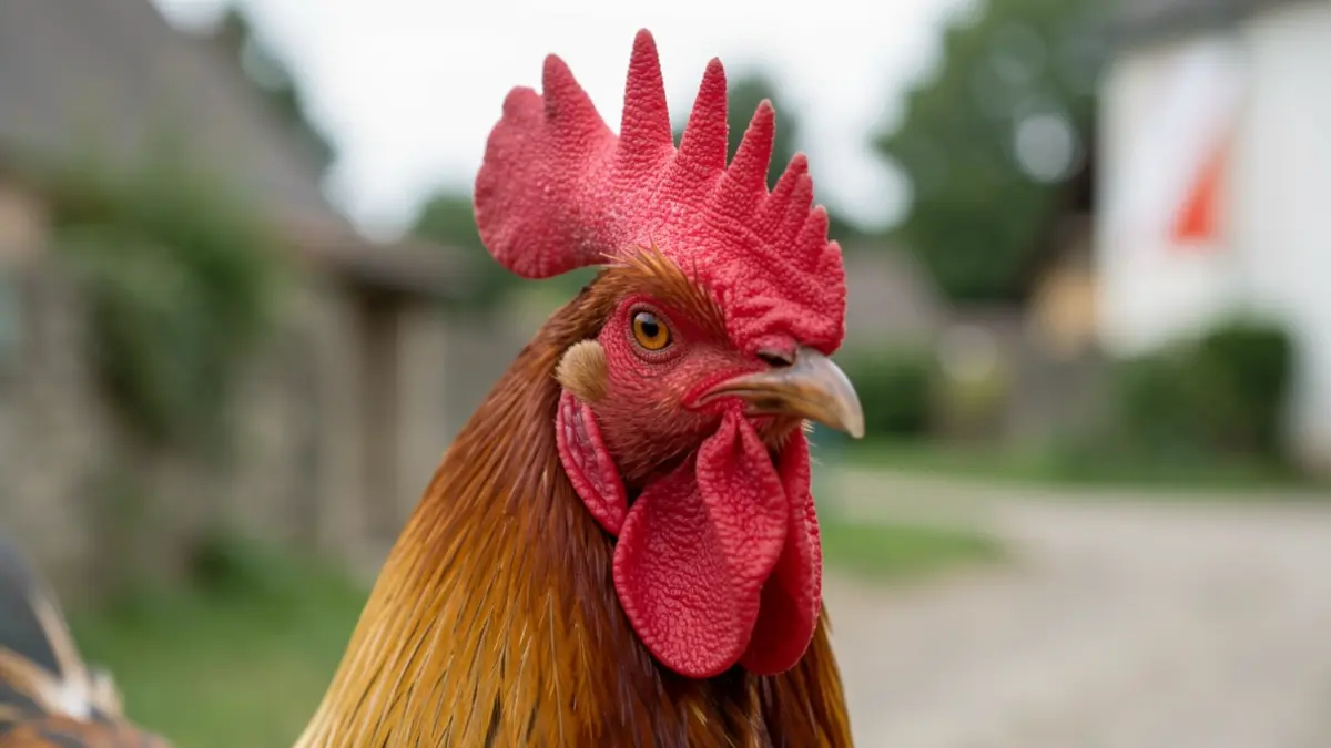 Crête et barbillons stylisés d'un coq, avec un arrière-plan flou suggérant un cadre rural ou périurbain en Wallonie.