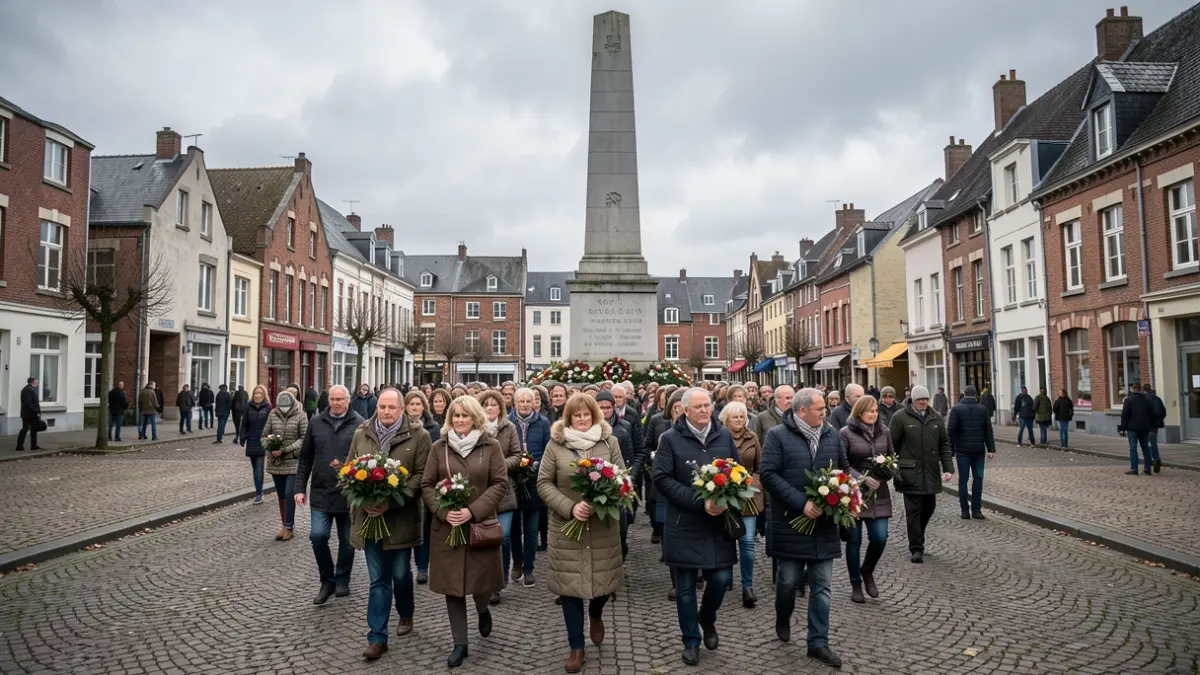 Image générique de personnes participant à une commémoration devant un monument aux morts, ciel couvert.