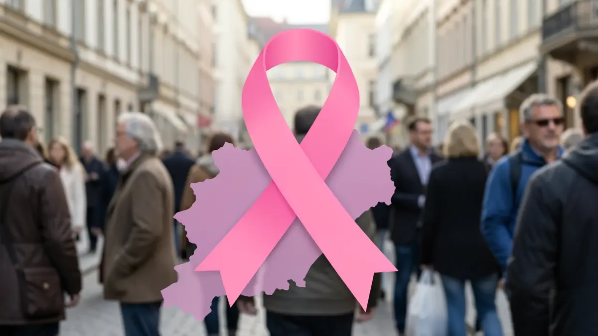 Symbole du ruban rose entrelacé avec une silhouette stylisée de la région Wallonne, lumière douce et diffuse.