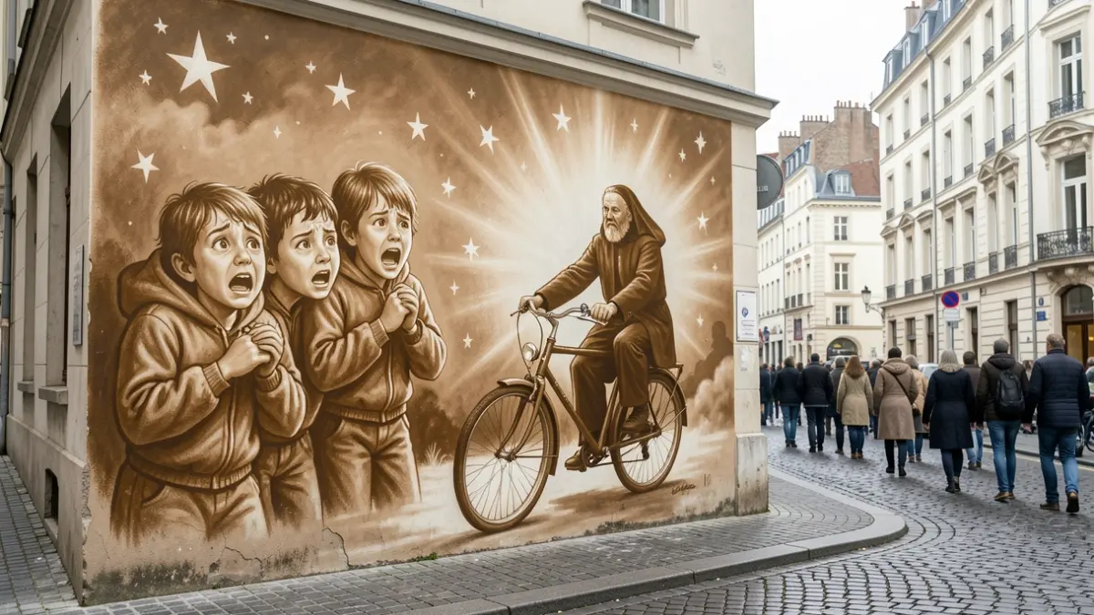 Image générique d'une fresque murale historique représentant des enfants et une figure salvatrice, dans un style sépia évoquant le passé.
