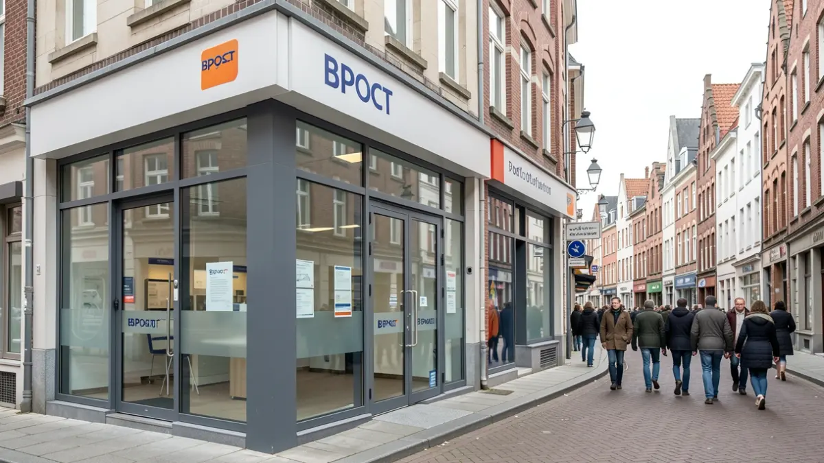 Façade d'une agence Bpost moderne avec des vitrines et une signalétique claire, dans une rue belge.