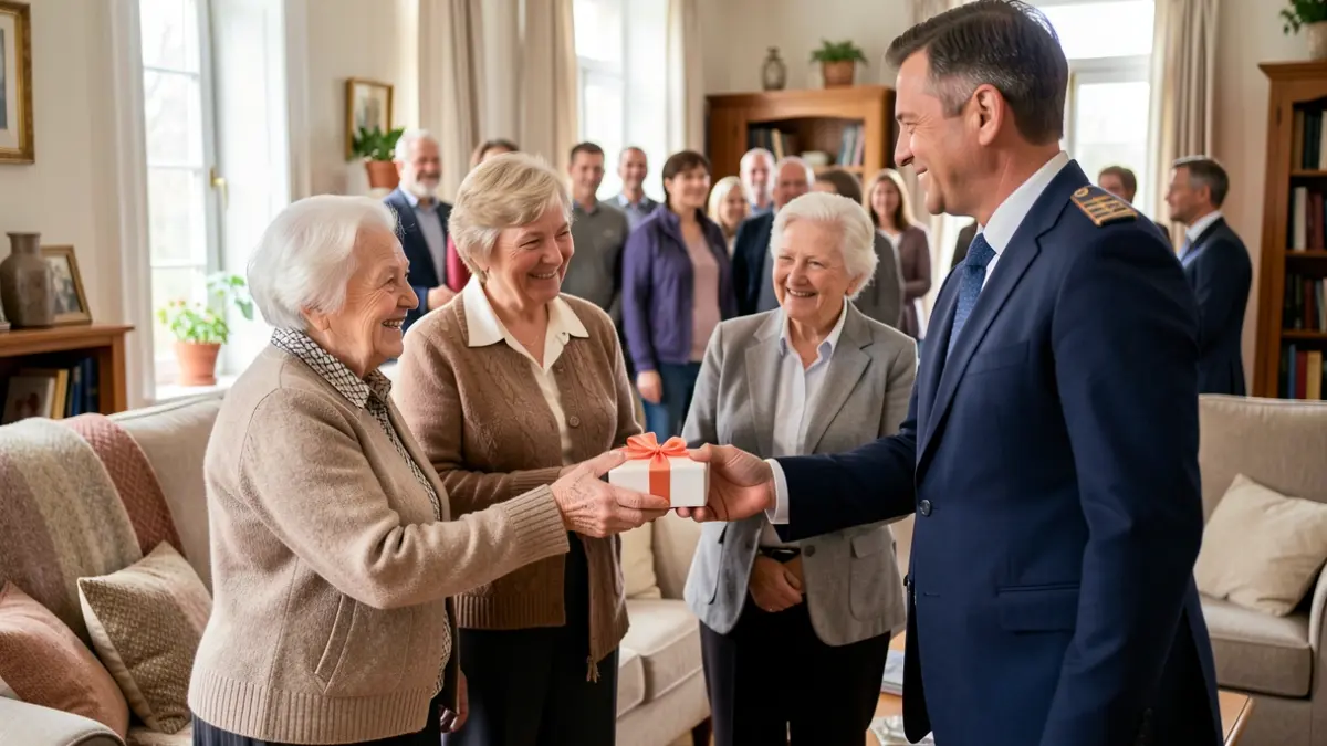 Image générique d'une personne âgée recevant un cadeau d'une délégation communale dans un cadre familial.