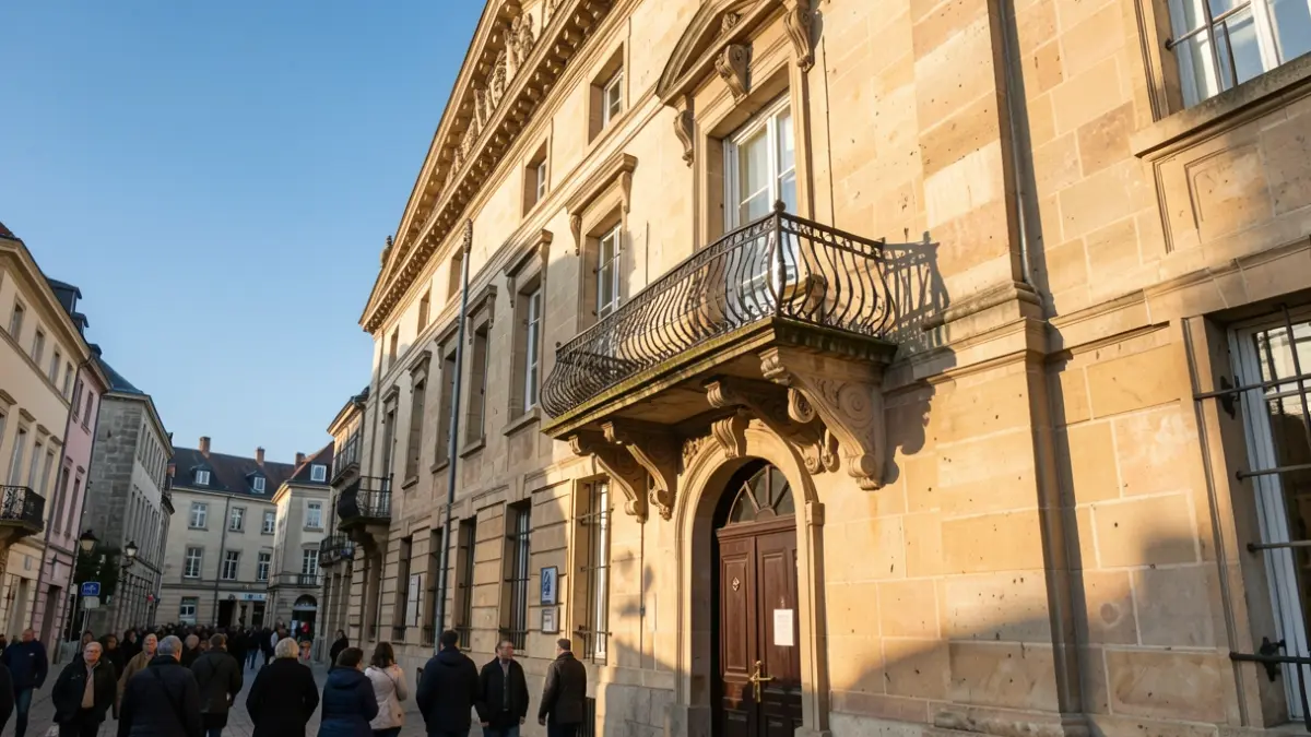 Image générique de la façade d'une maison communale en pierre de style traditionnel, avec un balcon orné et des balustrades en fer forgé. La lumière chaude de l'après-midi projette des ombres sur les murs en grès, sous un ciel bleu.