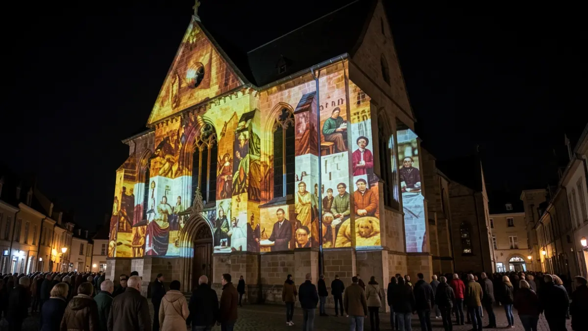 Generic image of video projection onto a stone church facade, illuminating historical scenes and local identity elements.