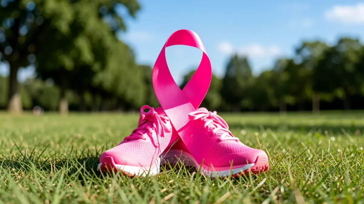 Image générique de rubans roses et de chaussures de sport sur un terrain herbeux, symbolisant la solidarité et la lutte contre le cancer du sein.
