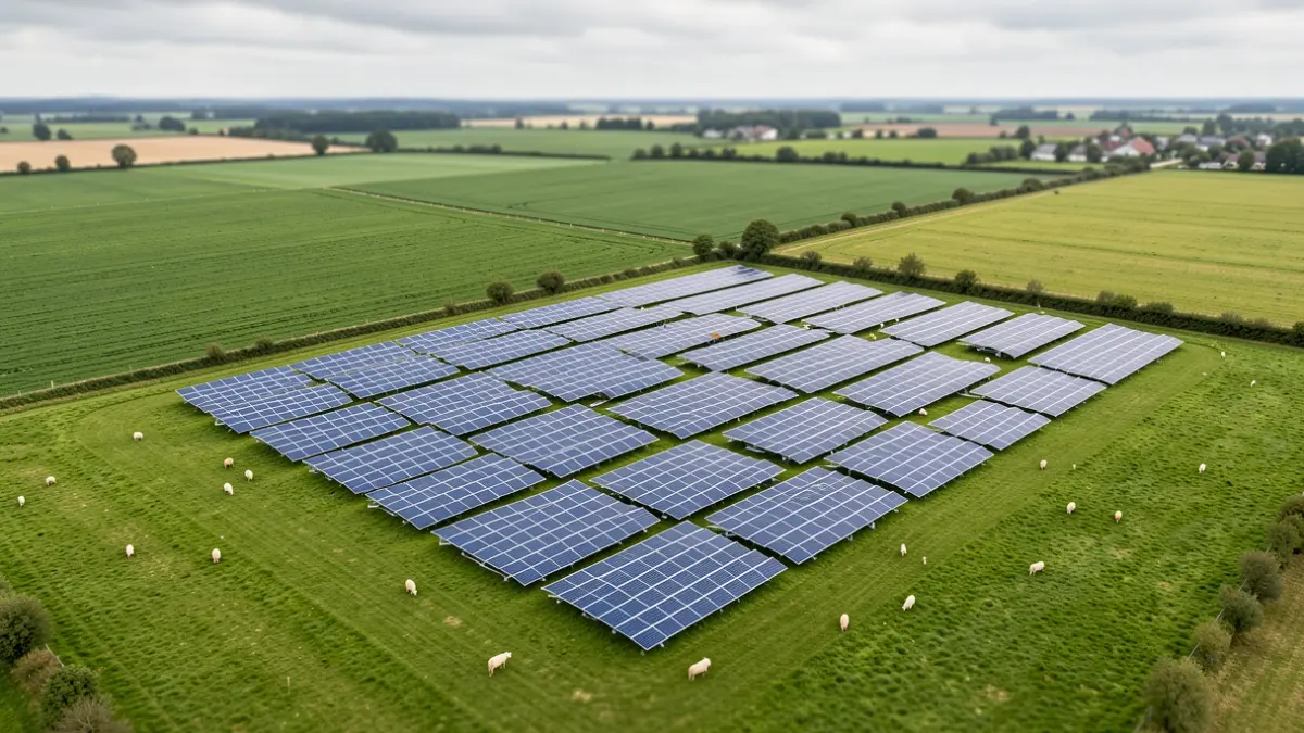 Image générique de champs agricoles en Wallonie avec des panneaux solaires mobiles intégrés dans des pâturages.