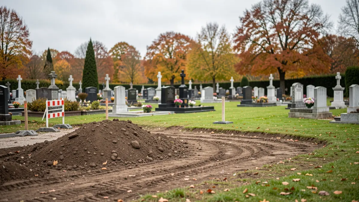 Generic image of cemetery works in Wallonia, showing construction areas alongside maintained sections.