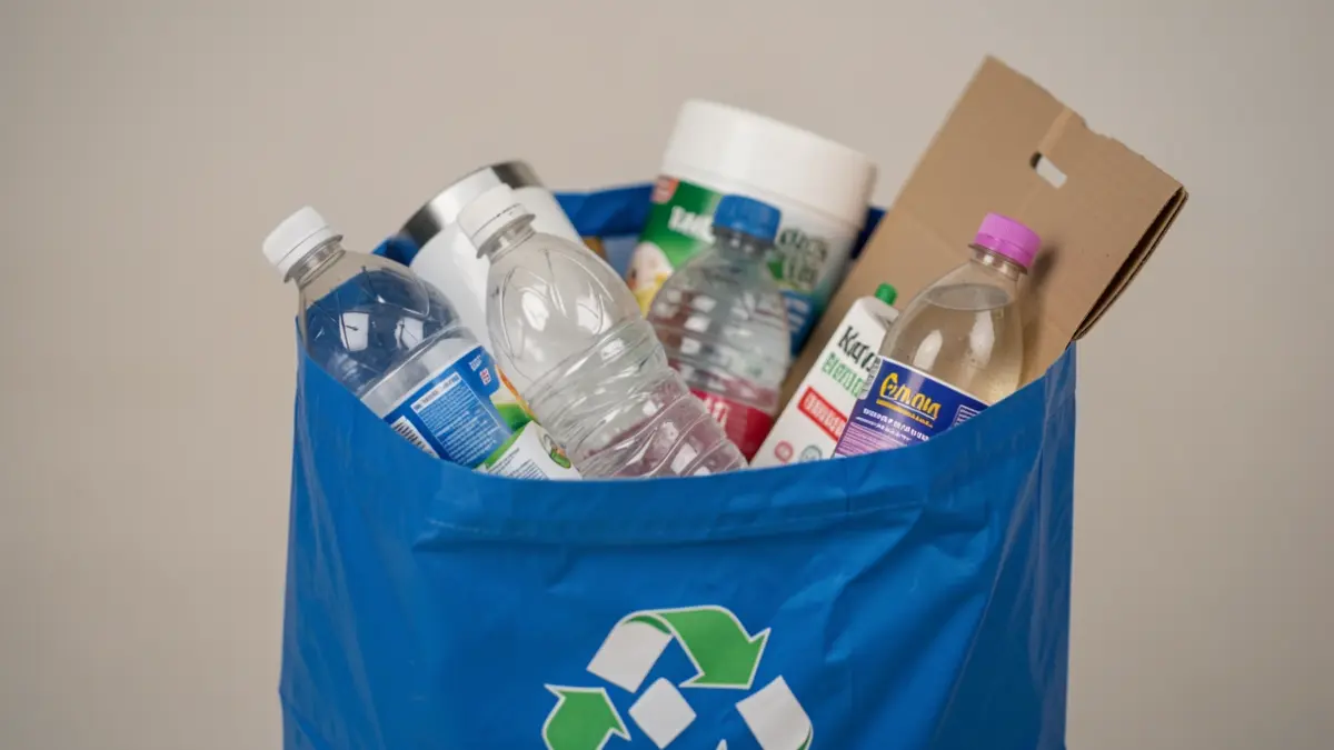 Image générique de sacs bleus de recyclage remplis d'emballages propres.