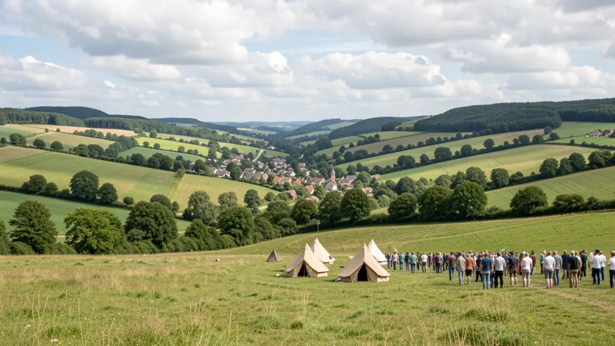 Image générique de paysages de Wallonie avec des collines verdoyantes et un village. Quelques tentes scouts sont visibles dans un champ.