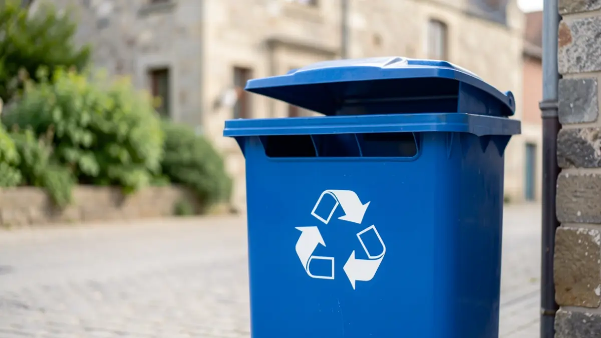 Îlot de tri public bleu pour PMC et déchets résiduels dans une rue de Walcourt, avec un symbole de recyclage.