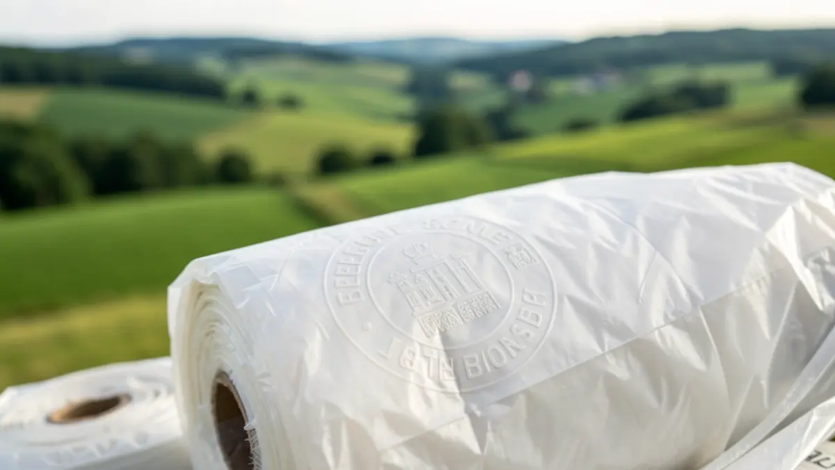 Image générique de sacs-poubelle officiels avec un sceau discret, sur un fond de paysages vallonnés typiques de Wallonie.