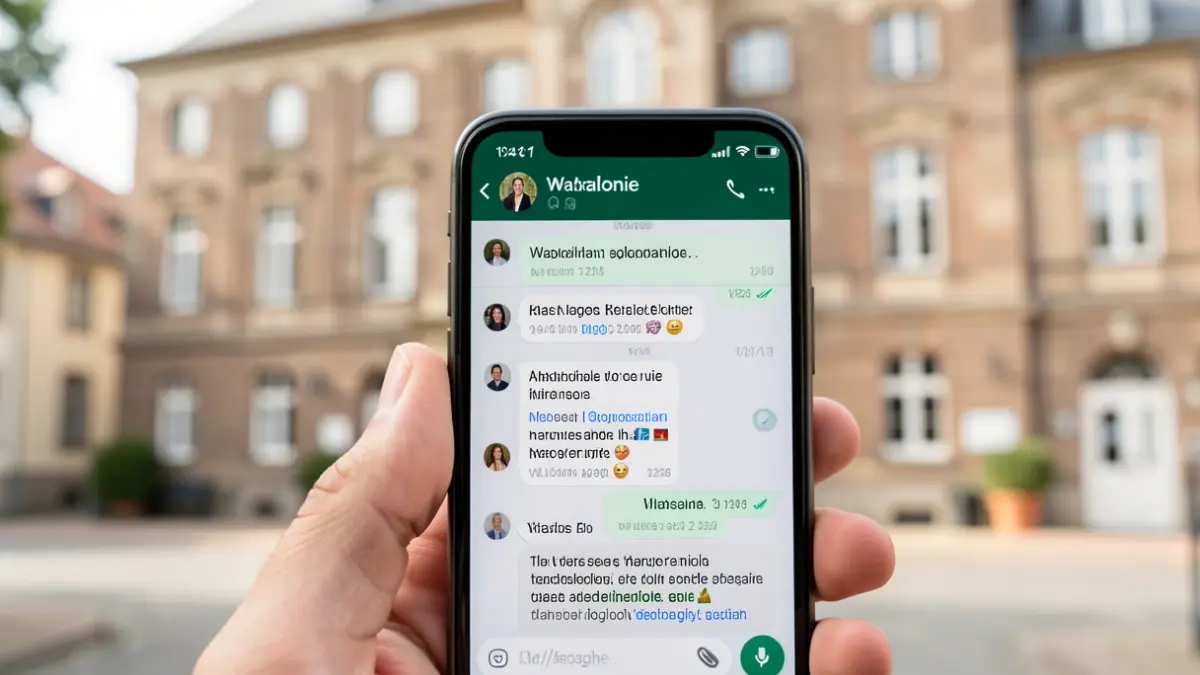 Capture d'écran d'un smartphone montrant les informations officielles de la commune de Walhain sur WhatsApp, avec l'hôtel de ville en arrière-plan.