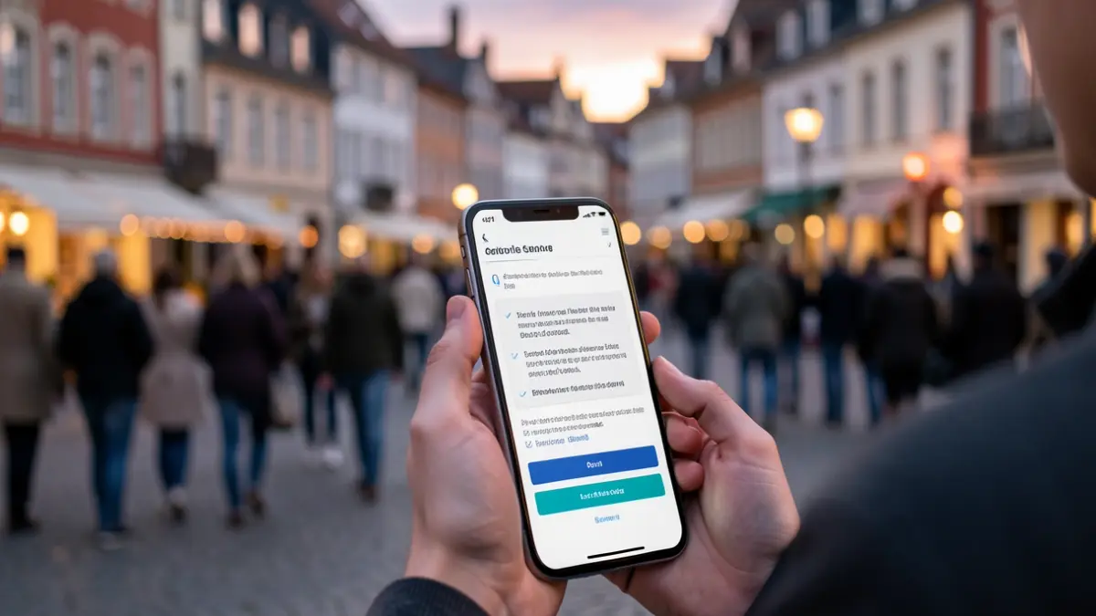 Image générique de la main d'une jeune personne tenant un smartphone affichant un formulaire de sondage, avec un arrière-plan flou d'une place de ville de Wallonie au crépuscule.