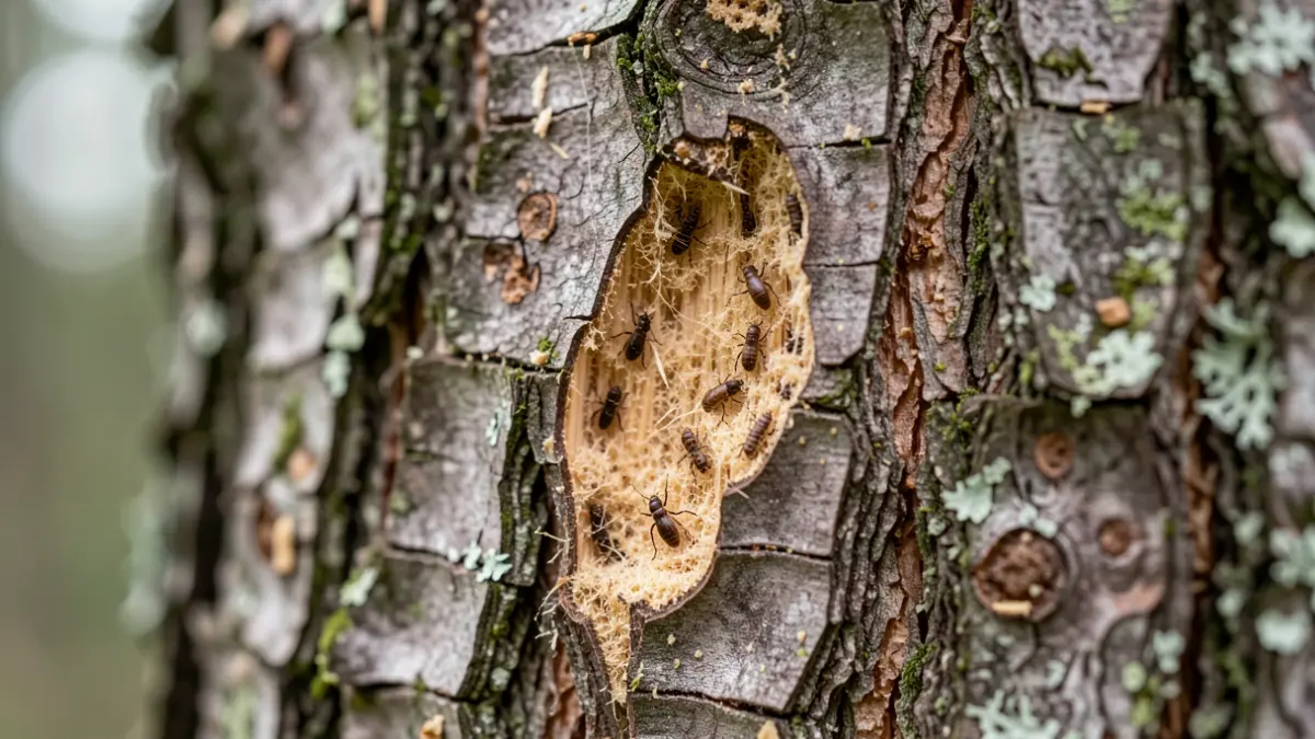 Image générique de gros plan sur l'écorce d'un épicéa infesté par le scolyte typographe, montrant des galeries et de la sciure. Lumière naturelle douce.