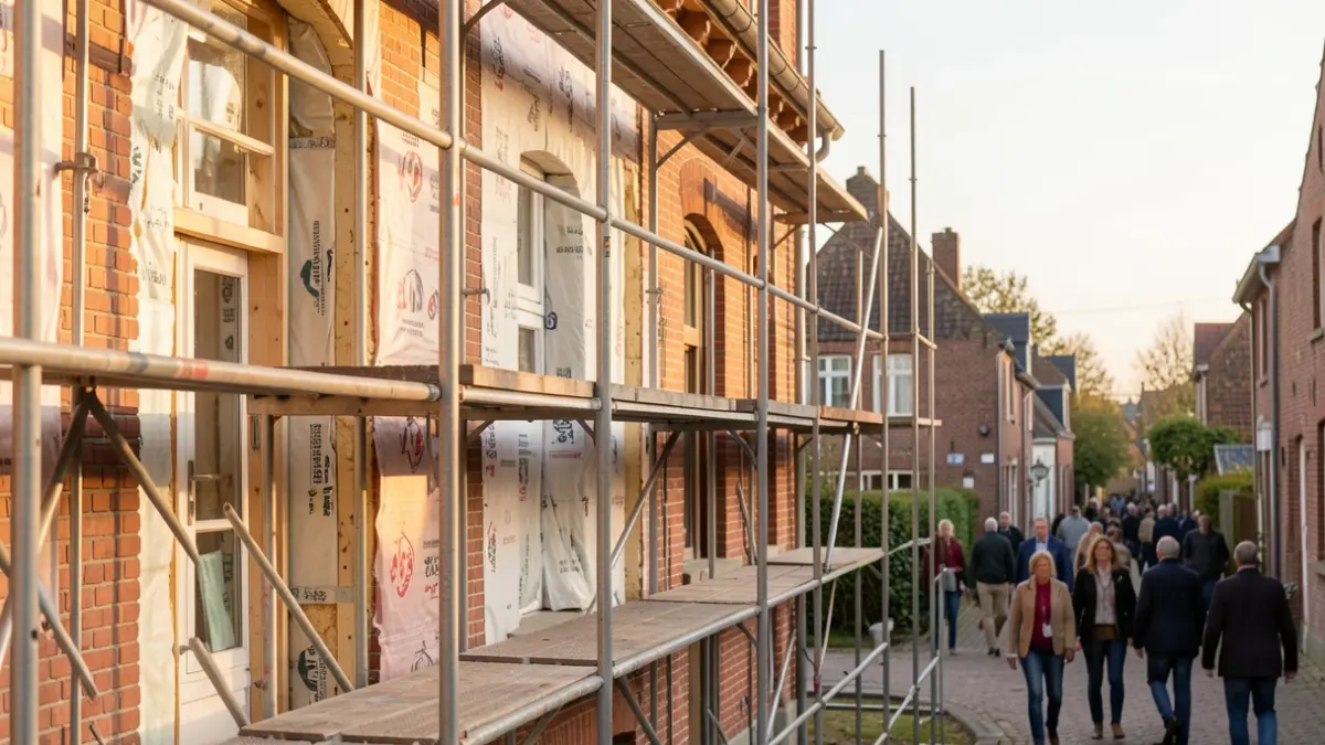 Image générique de la façade d'une maison en cours de rénovation énergétique, avec des matériaux d'isolation visibles et un éclairage naturel.