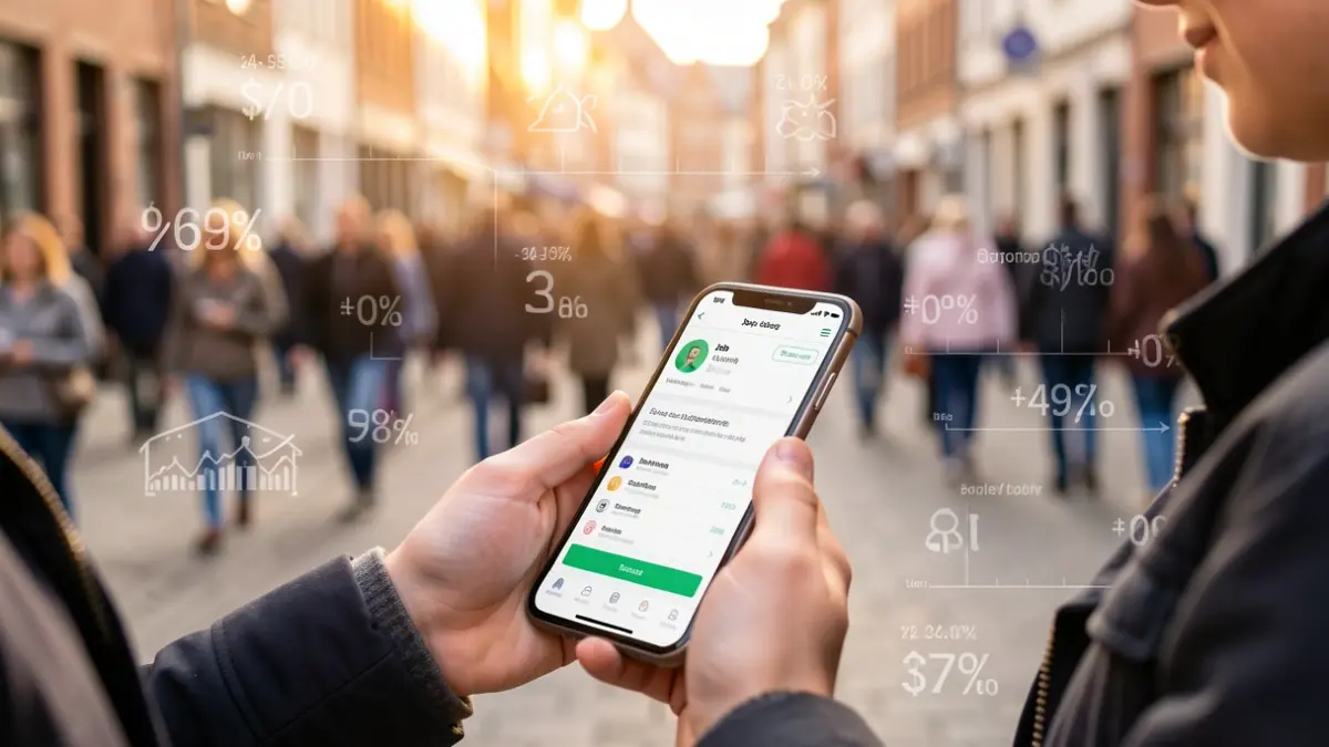 Jeune personne consultant une application de recherche d'emploi sur son GSM, avec des statistiques d'insertion professionnelle en Wallonie.
