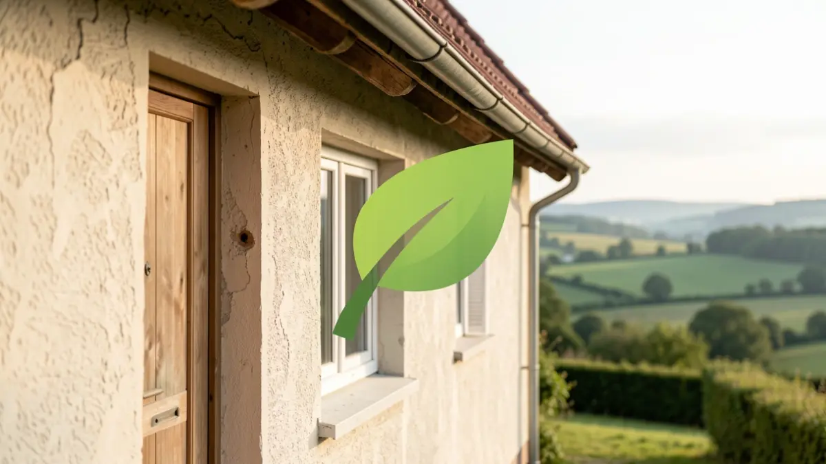 Generic image of a house facade with an energy saving symbol, in a Walloon landscape.