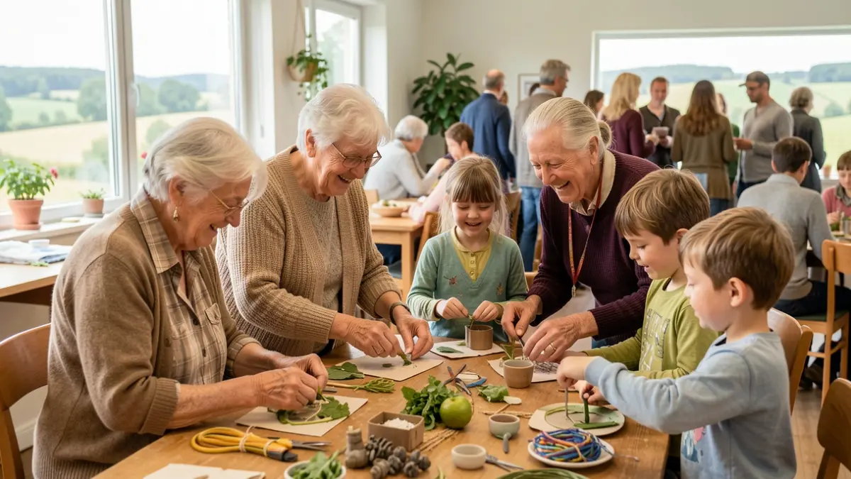 Image générique d'une activité intergénérationnelle axée sur le zéro déchet, montrant des aînés et des enfants travaillant ensemble sur un projet créatif. L'image est prise dans un cadre lumineux et convivial, typique de la Wallonie.